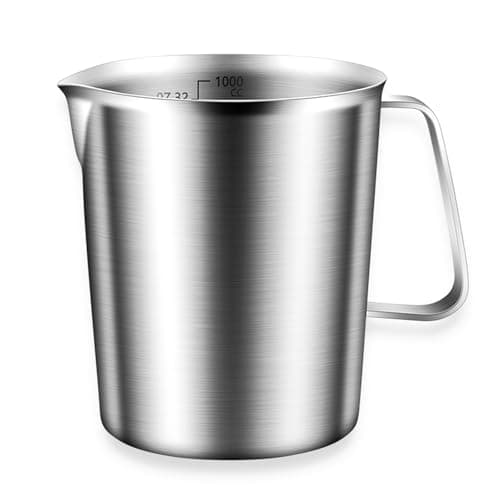 Image of 304 Stainless Steel Measuring Cup,with Handle and Pour Lip, Precision Engraved Markings for Liquid, Coffee, Milk & Espresso,1.0L/32oz Kitchen Mixing Pitcher, Container for Baking & Frothing