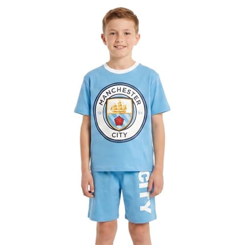 Image of MANCHESTER CITY F.C. Boys Pyjamas, Man City T-Shirt and Shorts PJs Set, Man City Gifts for Boys 11-12 Years Blue