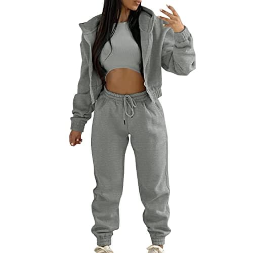 Image of Womens Tracksuit Sets Long Sleeve Hoodie Ladies Casual Outfit UK Size High Waist Wide Leg Joggers Cropped Tracksuits Autumn Winter Teenager Girls Track Suit Coat Tops Trousers Sport Grey