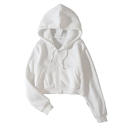Image of LOFAAC Women Fleece Full Zip Up Cropped Hoodie Sweatshirt 90s Long Sleeve Drawstring Hooded Crop Jacket Top with Pockets, White, S
