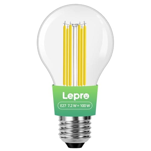 Image of Lepro E27 Screw Bulb, A-Rated Ultra-efficient LED Bulb, 7.2W = 100W, 1521lm, 2700K Warm White, 50000H Lifespan, Clear Filament, Vintage Glass, Non-dimmable