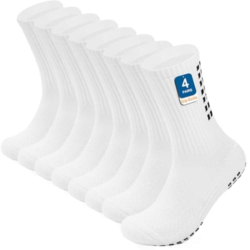 Image of PERMANENTLY001 White Football Grip Socks Mens Non slip Soccer Socks Women Gripy Yoga Pilates Sock Cushioned Anti blister Sports Sock for Rugby Gym Cricket Cycling Basketball 8-12 White L 4P