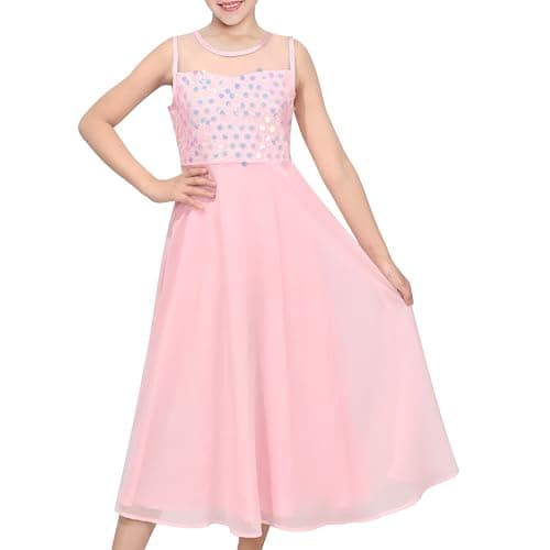 Image of Sunny Fashion Girls Dress Pink Blush Chiffon Sequin Bodice Wedding Ballet Performance Maxi Elegant Pageant Size 14 Years