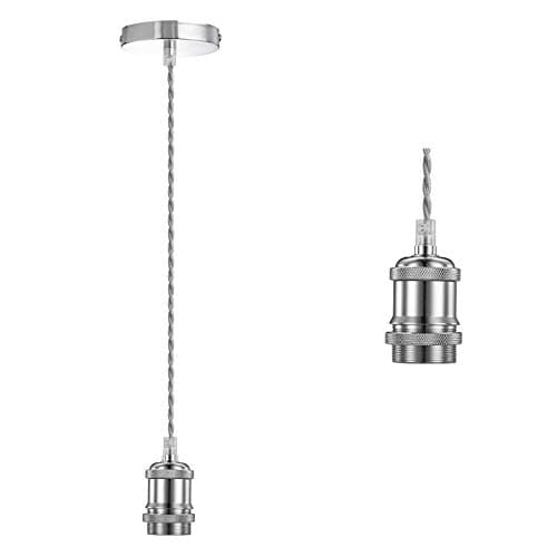 Image of Licperron Vintage Pendant Light Fitting Kit, Chrome Braided Flex Ceiling Lamp, E27 Light Fitting Kit - Chrome. 1pack