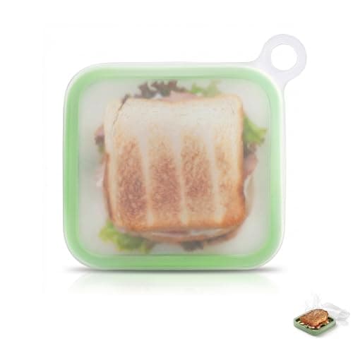 Image of VZU Sandwich Box, Sandwich Container, 1 Unit, Reusable Sandwich Box Container with Lid - Portable Square Silicone Lunch Case in Green，15.5×15.5×2.5 cm, Freezer, Microwave and Dishwasher Safe