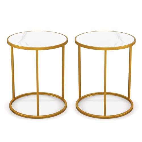 Image of COSTWAY Marble Top Side Table Set of 1/2, Round End Table Nightstand with Anti-Slip Foot Pads, Golden Metal Frame Sofa Side Table Bedside Accent Table for Living Room Bedroom (2PCS, 50x50x59cm)