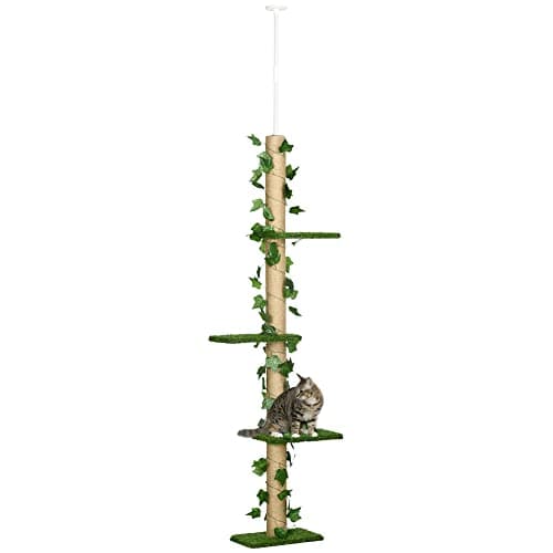 Image of PawHut 202-242cm Floor to Ceiling Cat Tree with Leaves, 4-Level Height Adjustable Cat Climbing Tower with Scratching Post, Anti-Slip Kit for Indoor Kittens Resting, Playing - Green
