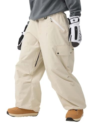 Image of GSOU SNOW Mens Ski Trousers Baggy Snowboard Trousers Oversized Snow Pants - Unisex Multi Pockets Waterproof Windproof Breathable Warm Beige