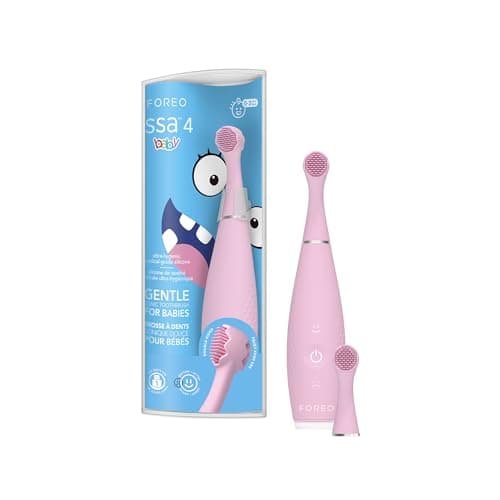 Image of FOREO ISSA 4 Baby – Silicone Sonic Electric Toothbrush Bundle for Babies, 2-Sided Bristles, Fun Smile Feature, Gum Massage, 12 Months of Care with Extra Electric Toothbrush Head, Pearl Pink