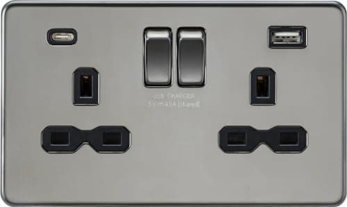 Image of 13A 2G SP Switched Socket with Dual USB A+C (5V DC 4.0A shared) - Black Nickel with Black Insert