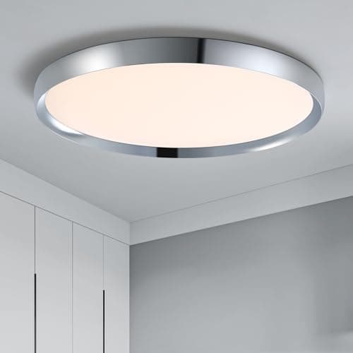 Image of SHINELUX Modern Bathroom LED Ceiling Light, 50cm Chrome Round Flush Mount Ceiling Light, Dimmable 3000K-6000K, 40W, Ultra-Thin Minimalist Office Lighting for Living Room, Bedroom, Kitchen, Hallway