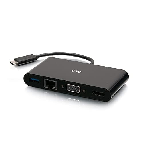 Image of C2G USB-C to HDMI VGA RJ45 Adapter- Black Compatible with MacBook Pro/Air, iPad Pro/Air, Galaxy,Surface Pro,XPS etc.