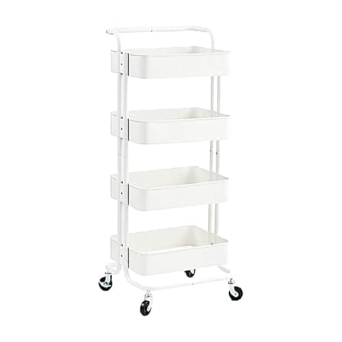 Image of Metal Trolley on Wheels | Storage Shelves | Makeup Storage | Cleaning Trolley | Shelves Unit | Utility Cart | Cleaning Caddy | Metal Rolling Cart (4-Tier White)