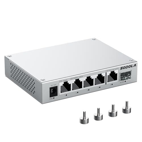 Image of SODOLA Unmanaged 5 Port 2.5Gb Network Switch with 1x 10G SFP+, Plug & Play, Fanless, Aluminum Alloy Cooling & Magnetic Mounting Ethernet Switch, Ethernet Splitter for Office Home NAS PC