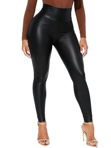 Image of HAWILAND Women Black Faux Leather Leggings Stretchy High Waisted Tummy Control Wet Look Leather Trousers Slim Fit Pants for Women
