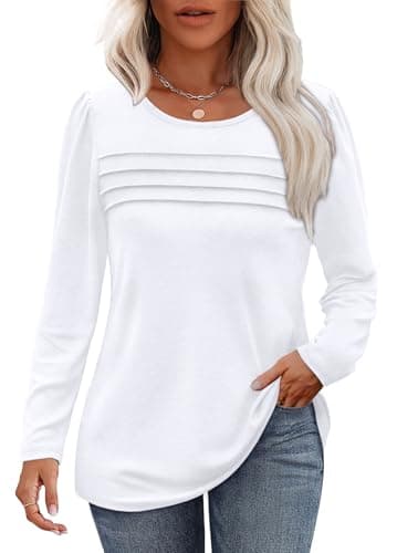Image of Aokosor Long Sleeve Tops For Women Sweatshirts For Women Uk Dressy Casual Blouses Trendy Pleated Ladies Tunic Tops Plus Size 22-24 White XXL