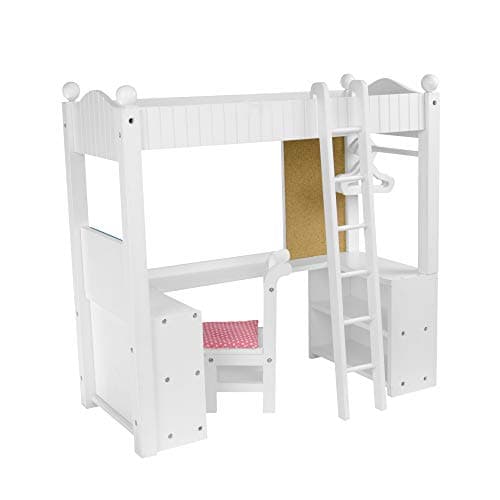 Image of Olivia's Little World Little Princess 18" Doll Wooden Loft-Style Bunk Bed Set with Cushioned Chair, Desk, Hangers, Ladder, and Pink and Purple Bedding, White