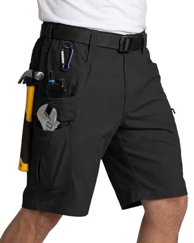 Image of IGOLUMON Mens Work Shorts Cargo Shorts Multi Pockets Casual Shorts Workwear Semi-Elasticated Waist Summer Breathable Mens Combat Shorts Ripstop Fabric Black