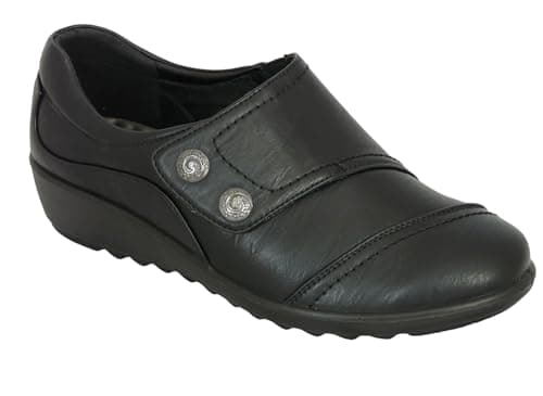 Image of Cushion Walk Wide Fitting EEE Fit Black Shoes Women's Ladies Lightweight Faux Leather Slip-on Flats, Casual Work Office Comfort Shoes, with Double Button Detail (8 UK, Black)