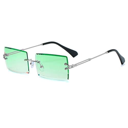 Image of YUELUQU Retro Rimless Rectangle Sunglasses for Women Men Transparent Glasses Y2K Vintage Eyewear (Silver green)