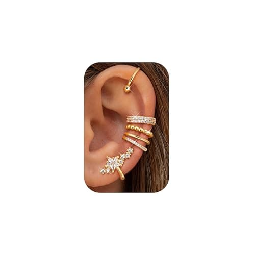 Image of Dochais 5pcs Gold Ear Cuff Earrings for Women No Piercing Ear Cuff Wrap Earrings 14K Gold Plated Hypoallergenic Clip On Earring Stack Fake Cartilage Helix Piercing B