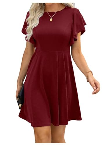 Image of GORGLITTER Women's Ruffle Swing Flared Mini Dress Round Neck Cap Sleeve Plain Casual Short Dress Plain Redwood Large