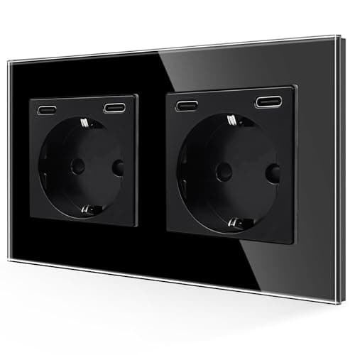 Image of JIMEIDA Double Socket Glass with USB C 20 W Fast Charging Black, Schuko Sockets Two Type-C Port, Flush-Mounted 157 mm, 16 Amp 250 V