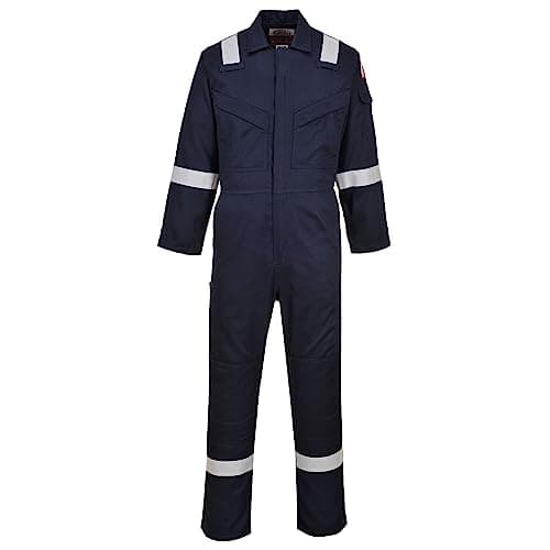 Image of Portwest FR21 Men's Bizflame FR Lightweight Fireproof Coverall Flame Resistant Overall Anti-Static Welding Safety Boiler Suit 100% Cotton Reflective Knee Pad Pockets, Navy, M