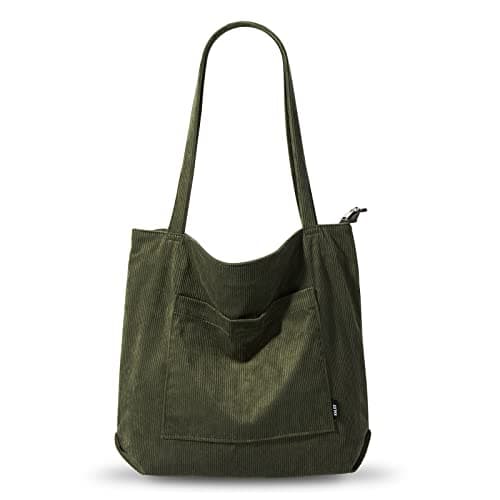 Image of KALIDI Corduroy Tote Bag with Zipper Waterproof Cord Tote Bag for Women with Pockets Compartments Large Capacity Shoulder Bags Handbags for School Work Shopping Travel Daily Use,Green