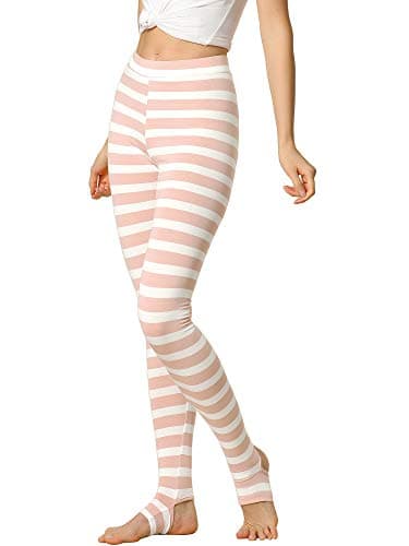 Image of Allegra K Women's Leggings Printed High Waist Elastic Waistband Yoga Stirrup Pants Pink White-Stripe M