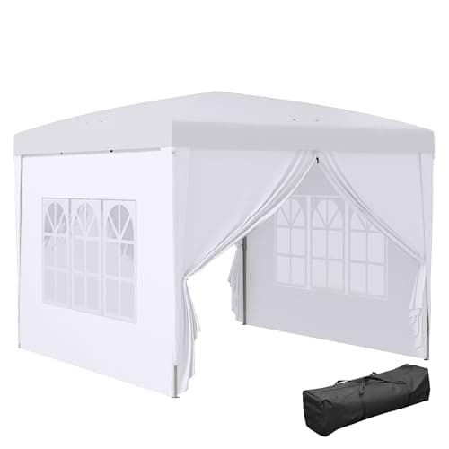 Image of Outsunny 3 x 3 m Garden Pop Up Gazebo, Wedding Party Tent Marquee, Water Resistant Awning Canopy with Sidewalls, Windows, Carry Bag, White