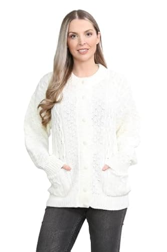 Image of Pretty Attitude Women Winter Chunky Cable Knit Ladies Long Sleeve Aran Crew Neck Warm Cardigan (Cream Aran Bw, 16)