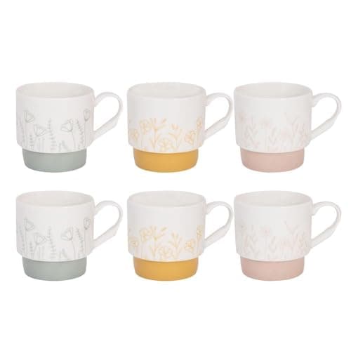 Image of Set of 6 Stackable Floral Mugs Pink Yellow Green - 12 Ounce 370ml Modern Contemporary - Tea Coffee Cups Latte Cappuccino Hot Chocolate Drinks - Home Kitchen Work Office Mug Set