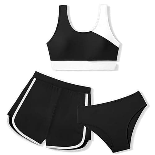 Image of Xumplo Girls 3 Piece Bikini Set Young Kids Color Block Swimming Costume with Shorts Bathing Suit Tweens Surfing Swimwear 8-10 Years Black