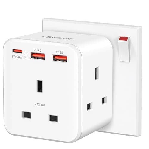 Image of LENCENT 3 way plug adaptor with 3 Fast Charge USB, 6-in-1 Cube Multi Plug Extension with PD&QC 3.0 20W USB Wall Charger, Plug Extender for Home, Office, Kitchen, 13A 3250W