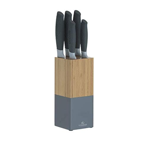 Image of Viners Horizon Knife Block Set of 6-Piece, 5 Kitchen Knives and Bamboo Knife Holder, Chef, Santoku, Carving, Utility and Paring Knives, Grey, Stainless Steel, 0305.194