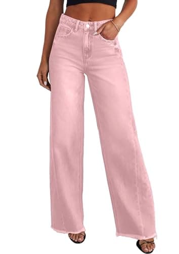 Image of PRETTYGARDEN Wide Leg Jeans for Women Trendy High Waisted Stretchy Baggy Raw Hem Denim Palazzo Pants 2026 Spring Fall Clothes, Pink, 14