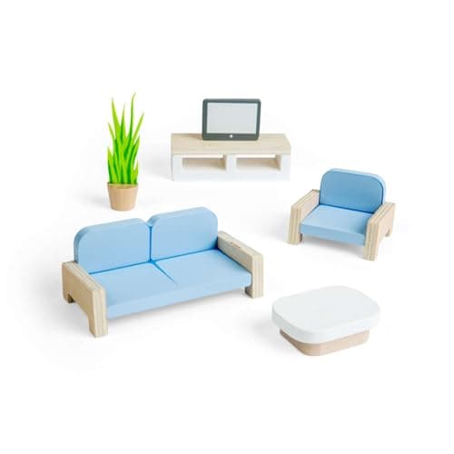 Image of Bigjigs Toys Living Room Set | Wooden Dolls House Furniture | Dollhouse Accessories for Kids | Toy Playset with Mini Sofa, TV & Chair Figures | Doll Home Play Sets | Gifts for a 3+ Year Old Toddler