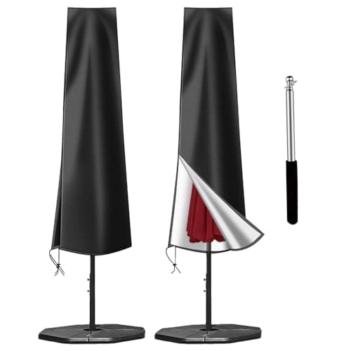 Image of OKPOW Parasol Cover Waterproof for Garden: Heavy Duty 600D, Fit 2m to 3m Outdoor Umbrella Protector, UV & Windproof with Long Zip & Telescopic Pole, Easy Use, Tear & Fade Resistant