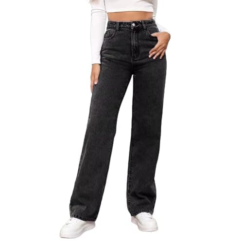 Image of Women Straight Leg Jeans High Waist Ladies Blue Jeans Casual Denim Pants with Pocket (UK, Alpha, M, Regular, Regular, Dark Gray)