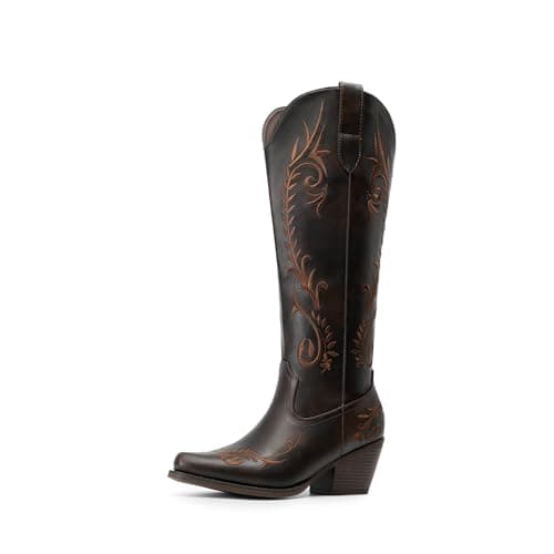 Image of DREAM PAIRS Womens Cowboy Boots Knee High Western Retro Embroidered Cowgirl Boots Comfortable Square Toe Tall Boots,Size 6,Dark Brown,SDKB26003W