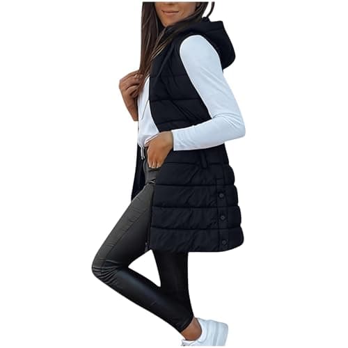 Image of OVARA Womens's Qulited Gilet Longline Full Zip Hooded Padded Vest Outdoor Thermal Long Puffer Gilets Ladies Body Warmer Sleeveless Winter Jacket with Pockets