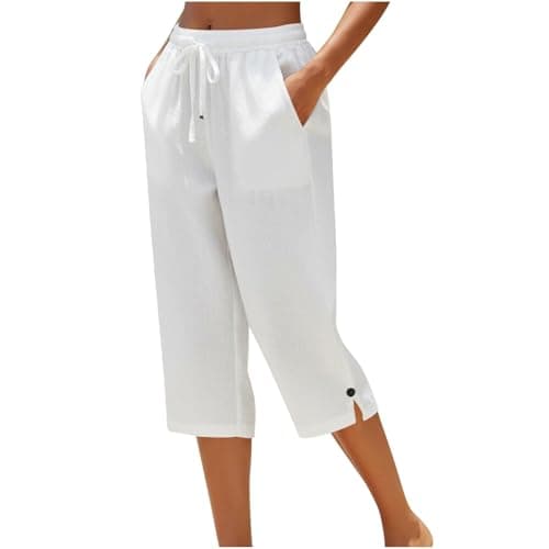 Image of Ladies Cropped Trousers - Capri Pants for Women UK Petite Comfy Summer Three Quarter Length Trousers Stretchy Drawstring Waist Straight Leg Lounge Yoga Beach Capris Pants with Pockets White