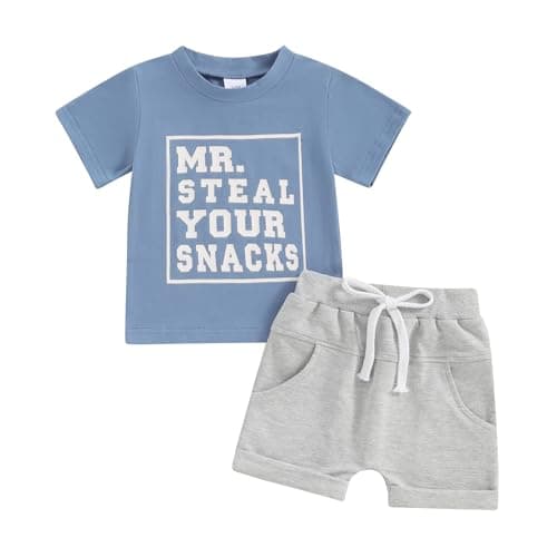 Image of MAHUAOYIXI Baby Boy 2 Pcs Summer Outfits Casual Round Neck T Shirt Short Sleeve Letter Print Tops + Elastic Waist Shorts Infant Baby Boys Toddler Set Summer Clothes (Blue, 12-18 Months)