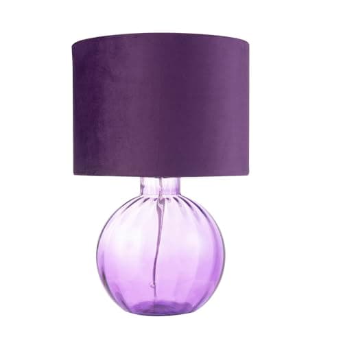 Image of Happy Homewares Contemporary Designer Deep Purple Ribbed Glass Round Table Lamp with Matching Velvet Fabric Drum Shade | 1 x E27 60w Maximum | 42cm Height