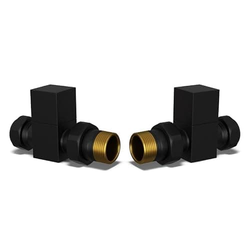 Image of UK Radiators Square Black Radiator Valve Pair - Black Matt Finish - Classy and Modern Design 1/2" x 15mm Straight Radiator Valve Pair - Pair of Valves