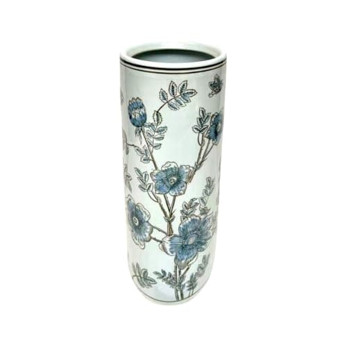 Image of AcaciaHome Stylish Floral Ceramic Umbrella Stand with Glazed Vintage Finish – 18" Tall Decorative Round Holder for Umbrellas, Canes, or Vase Use in Entryway or Living Room (Blue & White)