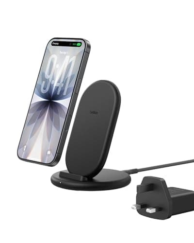 Image of Belkin BoostCharge Wireless Charging Stand, Phone Case Compatible, Wireless Charger for Apple iPhone, Samsung Galaxy, Google Pixel and more, 20W Power Supply and Cable Included - Black