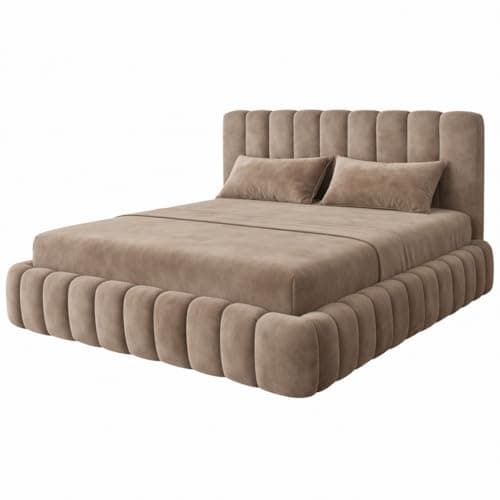 Image of Teddy Plush Velvet Ottoman Storage Bed Frame with Gas Lift, Upholstered Panel Headboard, Small Double Double King Super King (Mink Plush, 5FT King Size with gas lift storage)