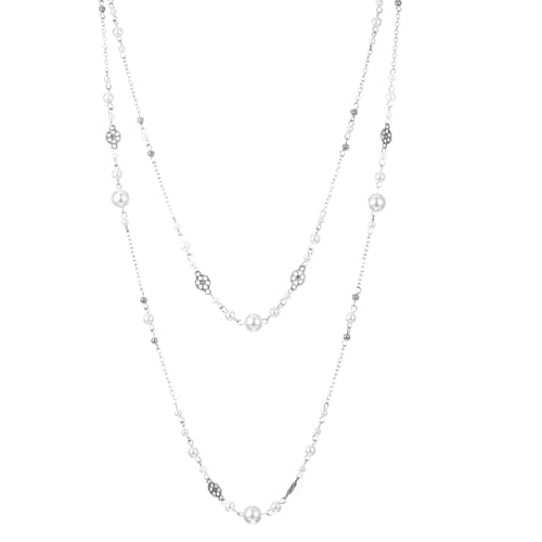 Image of Yolev 2Pcs Long Pearl Necklaces for Women Silver Dainty Beaded Pearl Layered Necklaces for Women Long Necklace Statement Sweater Strand Chain Jewelry For Party Wedding
